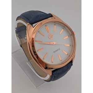 3T Watch Men 44mm Rose Gold Case White Dial Blue Faux Leather Band- New Battery